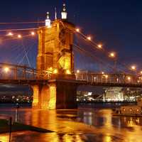 Lights on the suspension bridge in Cincinnati, Ohio