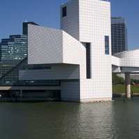 Rock and Roll hall of fame on the river in Cleveland, Ohio
