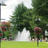 Spraying Water Fountain with trees and lawn in Beaverton, Oregon