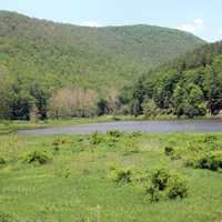 Landscape of pond and hills at Sinnemahoning State Park, Pennsylvania
