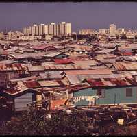 Shanty town along the Martín Peña Canal, 1973 in San Juan, Puerto Rico
