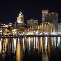 Skyline of Providence, Rhode Island at nighttime over the water