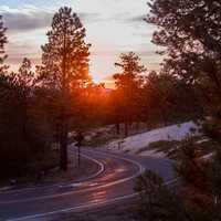 Roadway through the sunset at Bryce Canyon National Park, Utah