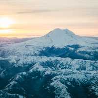 View of Snow-capped Mount Rainier flying in Washington