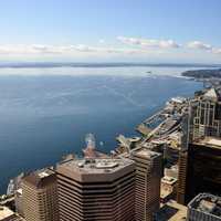 Skyline on the coastline with skyscrapers of Seattle, Washington