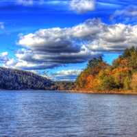 Forest, lake, and clouds at Devil's Lake State Park, Wisconsin