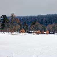 Picnic center under snow at Devil's Lake State Park, Wisconsin