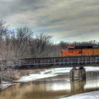 Train on the river on the Great River Trail, Wisconsin