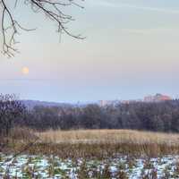 Conservatory, city, and moon in Madison, Wisconsin