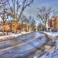 Street in the snow in Madison, Wisconsin