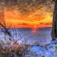Sunset over the ice between trees in Madison, Wisconsin