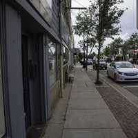 Sidewalk View with trees and stores in Mount Horeb, Wisconsin