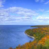 Far view of the autumn shore at Peninsula State Park, Wisconsin