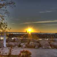 Bright sunrise over the lake at Port Washington, Wisconsin