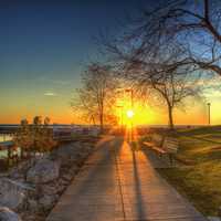 Sunrise on the walkway at Port Washington, Wisconsin