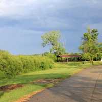 Storm clouds on road at Richard Bong Recreation Area, Wisconsin