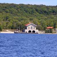 Rock island shore and boathouse at Rock Island State Park, Wisconsin