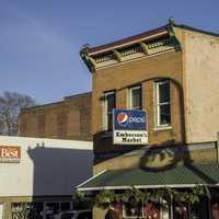 Emberson Market sign and building in Blanchardville, Wisconsin