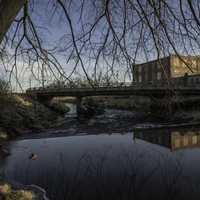 River, falls, and reflection on the water in Blanchardville, Wisconsin