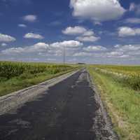 Roadway landscape under puffs of clouds