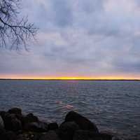 Sunset over the seascape and landscape of Lake Koshkonong in Wisconsin
