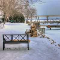 Bench in the winter in Sturgeon Bay, Wisconsin