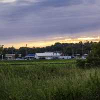 Buildings under the dusk sky in New Glarus