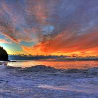 Icy lakeshore at dawn at Whitefish Dunes State Park, Wisconsin