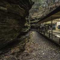 Concession stand, rocks, and stream at Wisconsin Dells