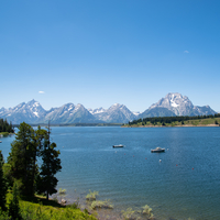 Longer landscape view of Jackson Lake with mountains in the background