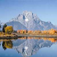 Mount Moran and Lake reflection landscape in Grand Teton National Park, Wyoming