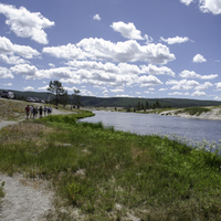 Group of people walking on the path walking in the landscape