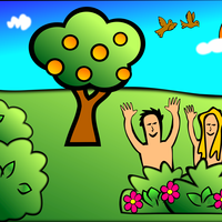 Happy Adam and Eve in Garden of Eden